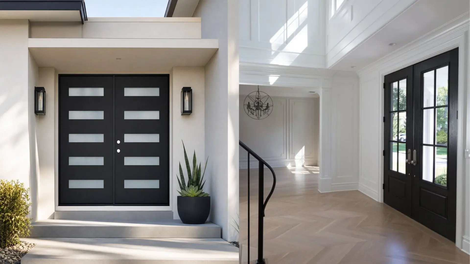 Fiberglass entry door options from Highline Building Supplies — modern frosted, flush glaze, and stain finish configurations