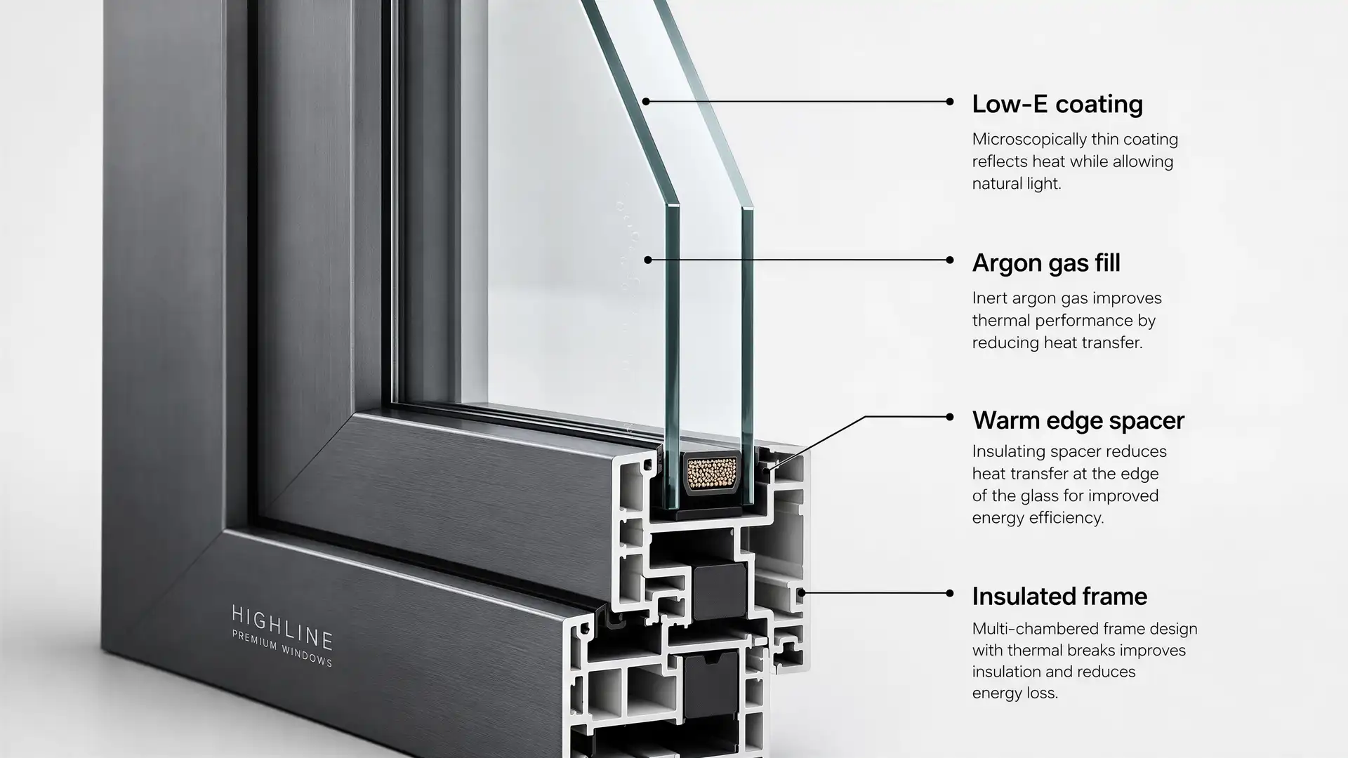 How energy-efficient windows work — cross-section diagram from Highline Building Supplies
